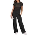 thumbnail image 2 of Jaimenalin Women Two Piece Outfits Crochet Sheer Knit Sweater Top Wide Leg Pants Lounge Matching Sets Black XL, 2 of 9