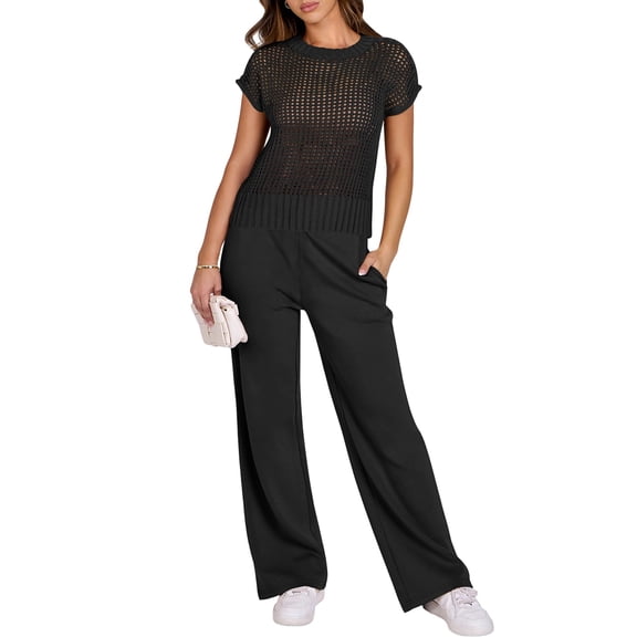 Women's Wide Leg Crochet Sheer Knit Sweater Matching Sets 2 Piece Set Pants Outfit Top for Lounge Black S