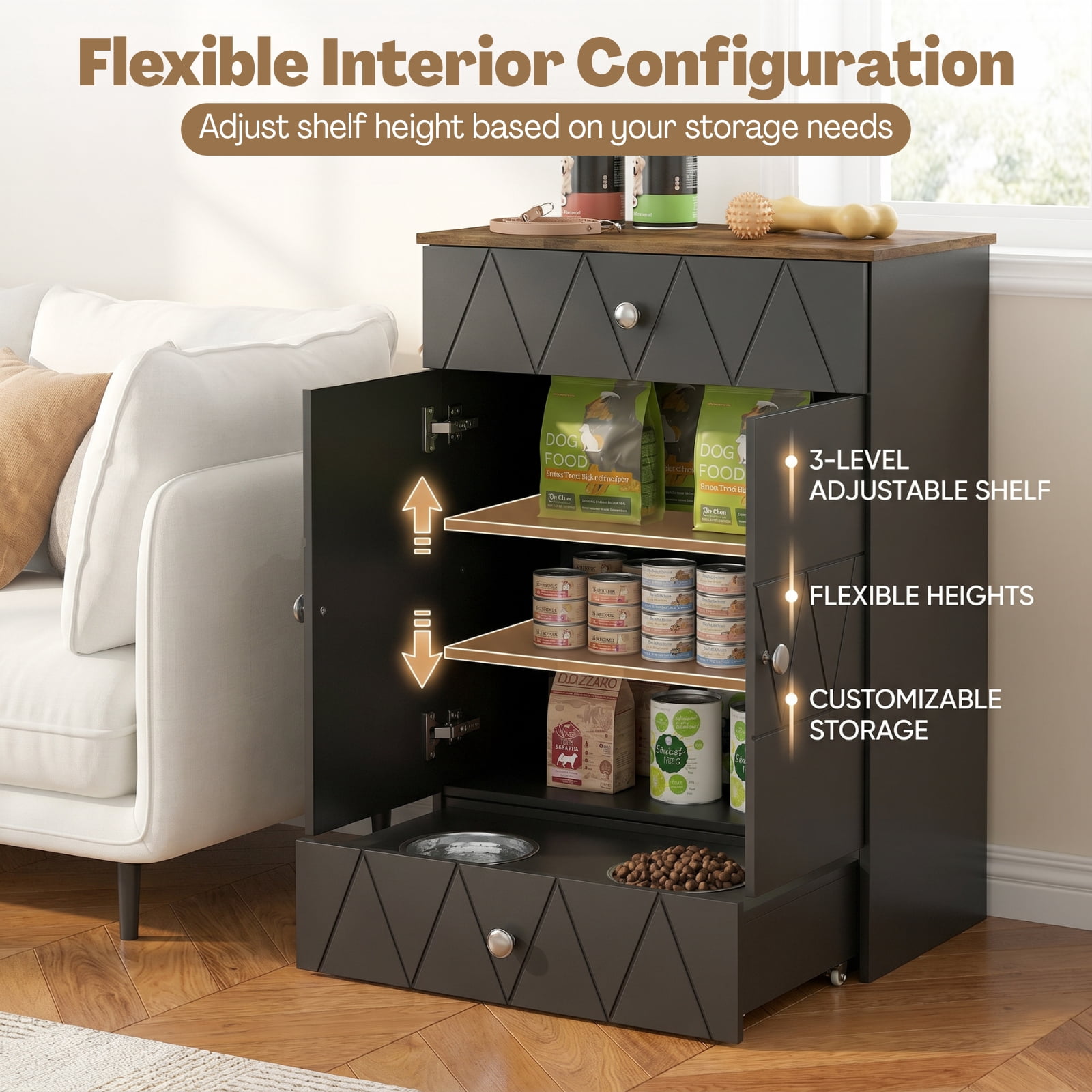 Advwin Pet Feeding Station Furniture with 2 Elevated Dog Bowls, Dog Food Storage Cabinet with Drawer, Adjustable Shelves & Hooks, Black