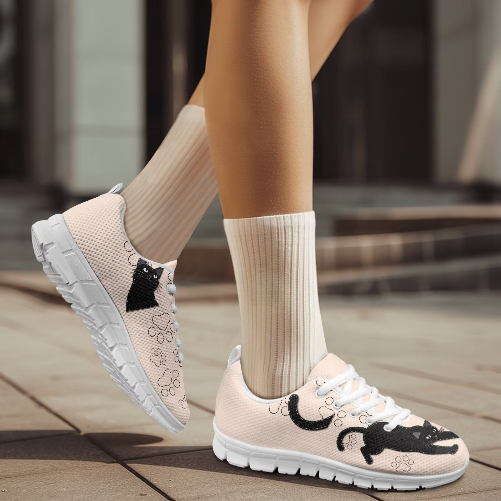 COEQINE Girls Sneakers Lace Up White Sole Cute Women Running Shoes for Travel Outdoor Comfortable Training Athletic Sport Shoes, Cute Black Cat Paw