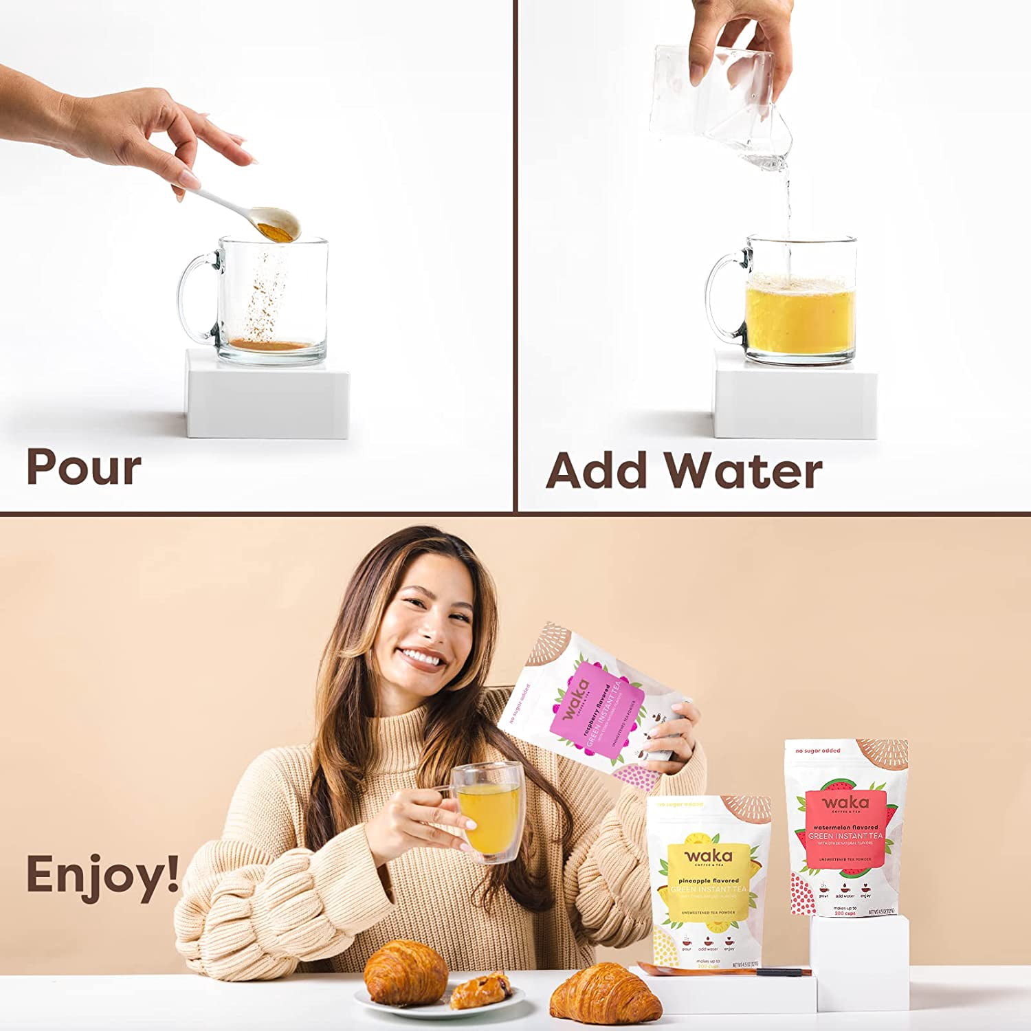 Waka Instant Tea Mix, 3 Bag Bundle - 100% Tea Leaves, No Additives, Unsweetened Tea Powders - Raspberry Flavored, Watermelon Flavored, Pineapple Flavored Green (4.5oz Each)