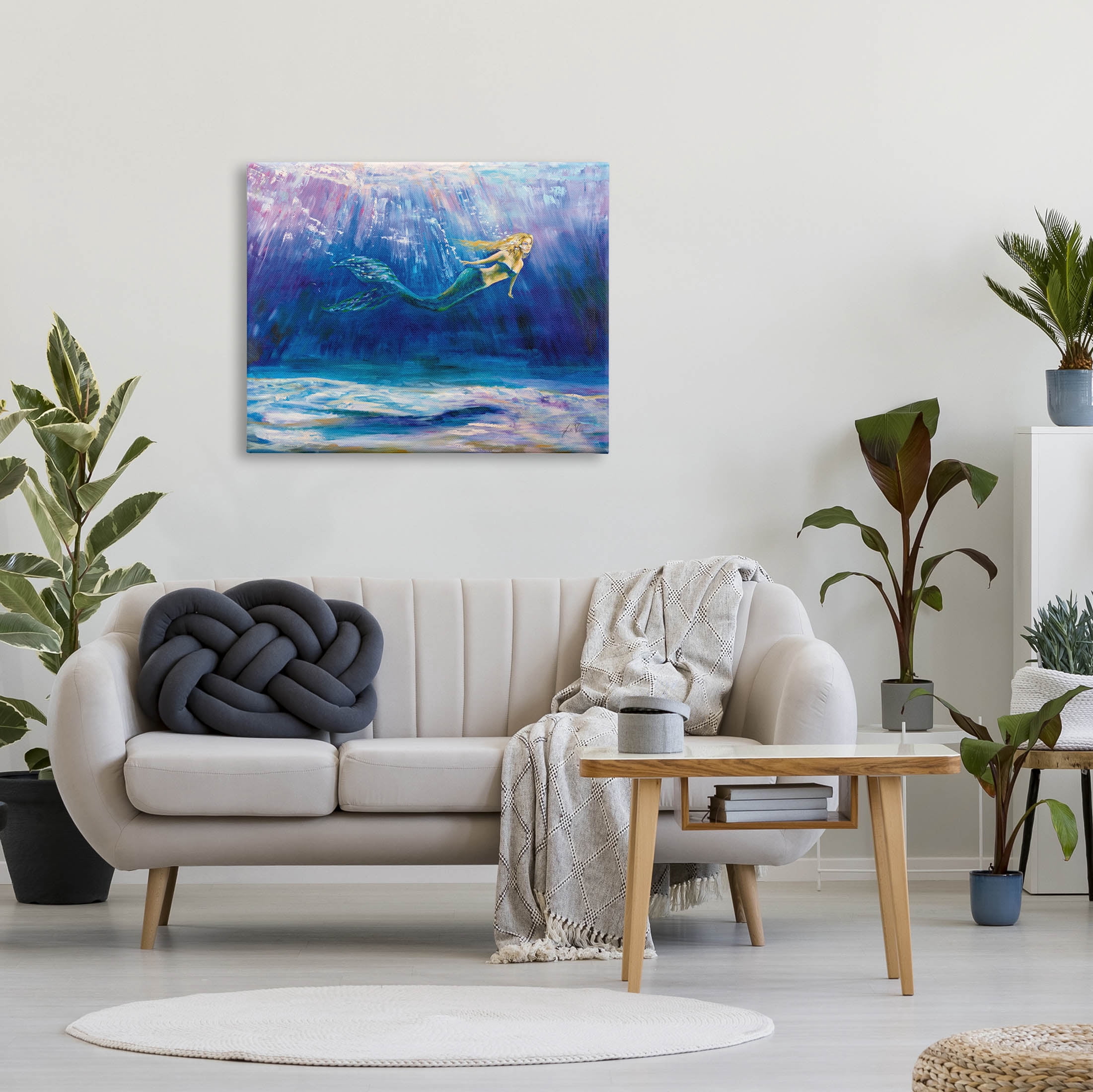Stupell Industries Mermaid Swimming Deep Blue Ocean Water Painting Gallery Wrapped Canvas Print Wall Art, Design by Jeanette Vertentes