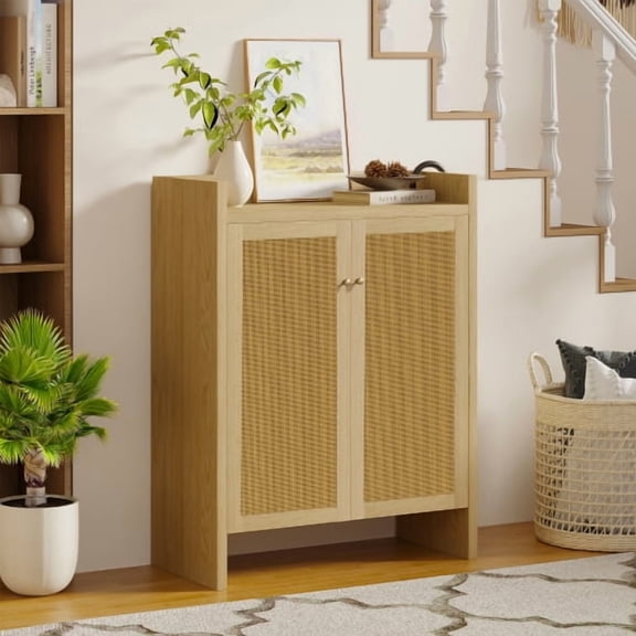HOQBN 42.5" Tall Rattan Shoe Cabinet with Doors, 6-Tier Shoe Storage Cabinet with Adjustable Shelves, Wooden Freestanding Shoe Organizer for Entryway Hallway Living Room, Natural