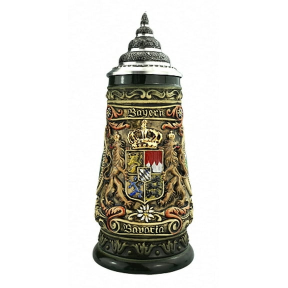 German Beer Stein Bayern Stein 0.4 liter tankard, beer mug, rustic, colored, painted by hand, with pewter lid