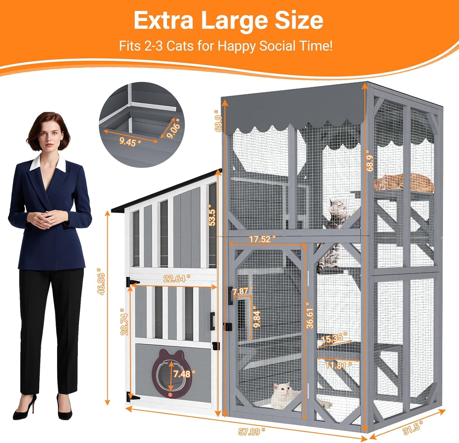 HomeSheek 3-Tier 69" H Outdoor Cat Enclosure, Weatherproof Roof, Window Access & Adjustable Two-Way Hole, Large Feral Shelter Indoor/Outdoor Use