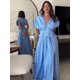 thumbnail image 1 of Vestido largo elegante 3d con flores plisado liso para mujer, vestido elegante con cuello en V, manga corta, cordón, batas con cordones, ropa de calle de verano para mujer, 1 of 5