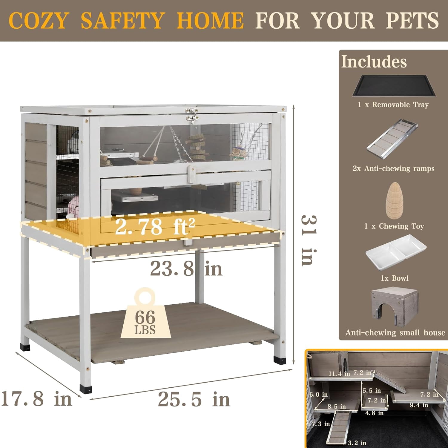 LEHOME Wooden Hamster Cage Indoor with Stand and Storage Shelf, 3-Tier Small Animal Habitat with Clear Front Window, Openable Top, Anti-Chew Ramps, Hideout House, Deep Pull-Out Tray Guinea Pig cage