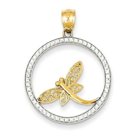 Matte Circle Pendant - 14k and Rhodium D/C Dragonfly Circle Pendant D3378 (1.49 grams | 29MM x 23MM)