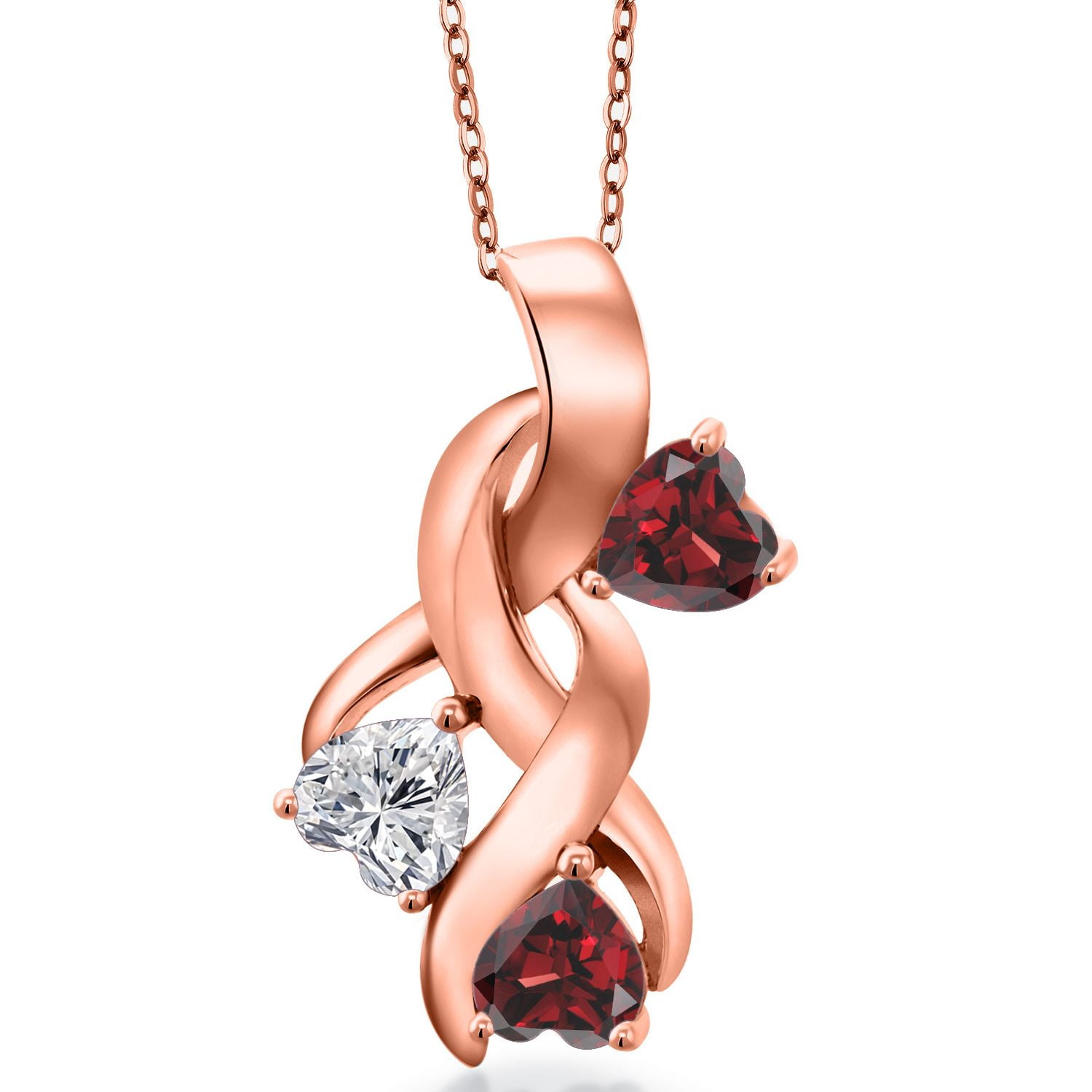 Gem Stone King 18K Rose Gold Plated Silver Lab Grown Diamond and Red Garnet Pendant Necklace for Women | 1.64 Cttw | Gemstone April Birthstone | Heart Shape 5MM | With 18 inch Chain