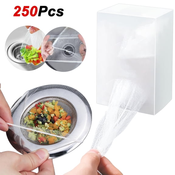 Emlimny 250 PCS Kitchen Sink Drain Strainer Mesh Bags,Disposable Sink Drain Screen Filter Bag and PP Extraction Box, Elastic Anti-clogging Sink Drain Strainer Collecting Kitchen Food Garbage