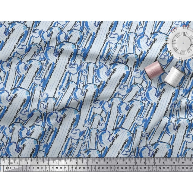 Soimoi Blue Modal Satin Fabric Cactus Tree Decor Fabric Printed Yard 42 Inch Wide