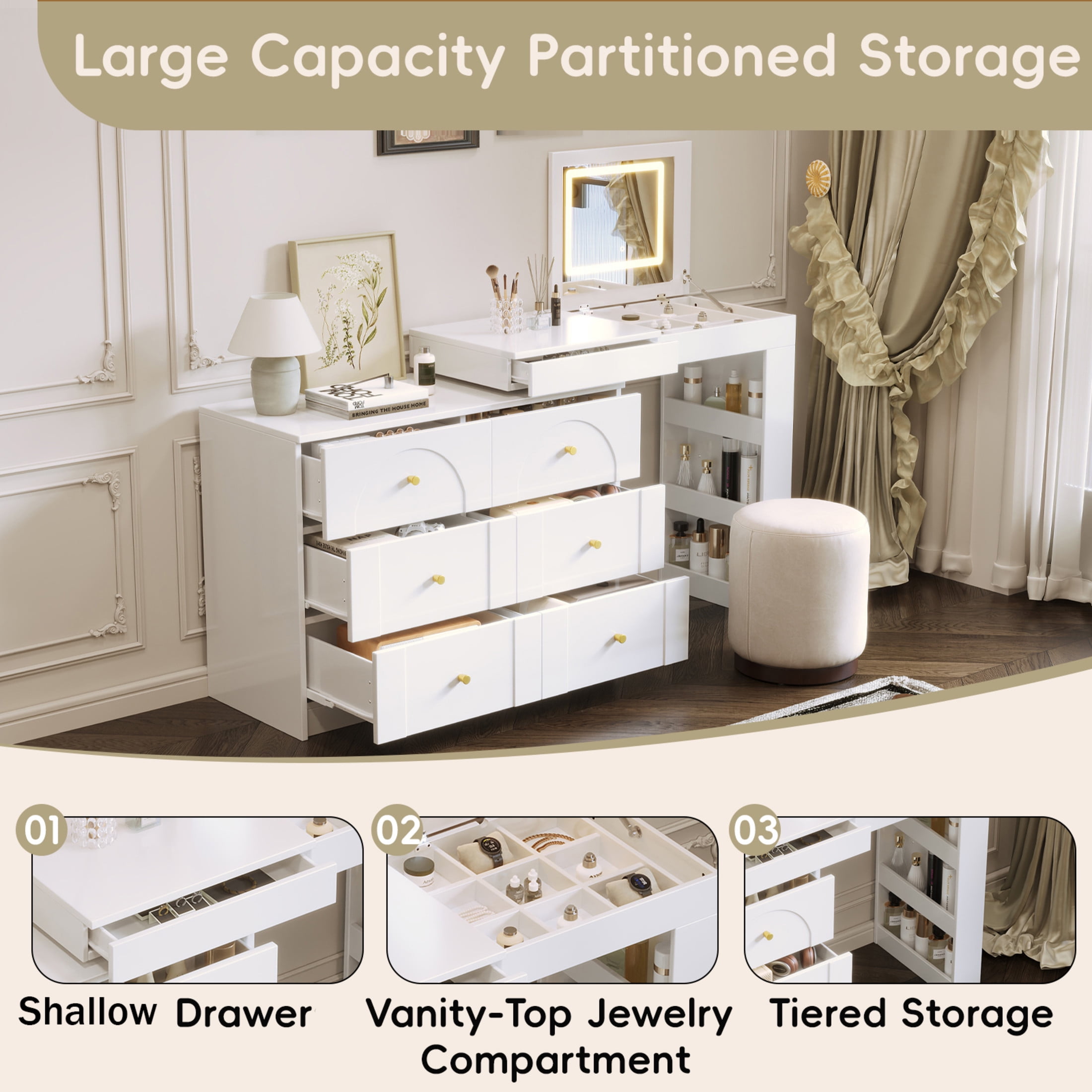 Noble House Vanity Desk with Mirror and Lights, Flip-Top Makeup Table with 7 Drawers, 9 Compartments,White