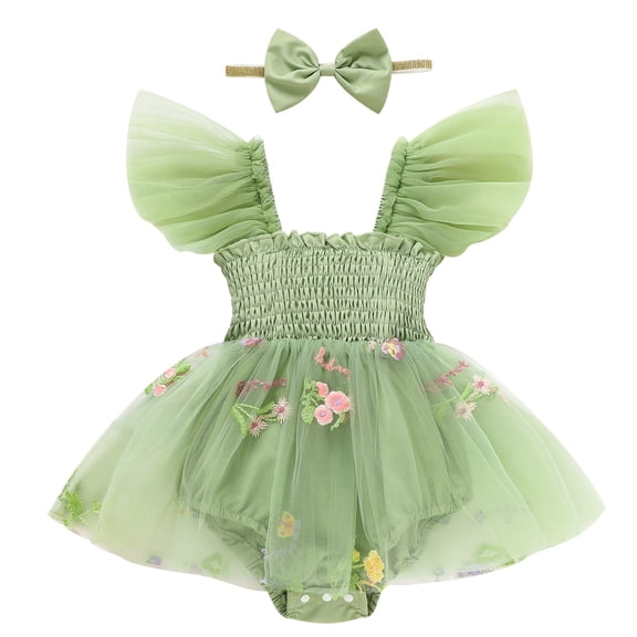 ZEHJUHAN Baby Girl Tulle Romper Summer Bodysuit with Flutter Sleeves Floral Embroidery Cake Smash Outfit First Birthday Photo Shoot Green,0-3M