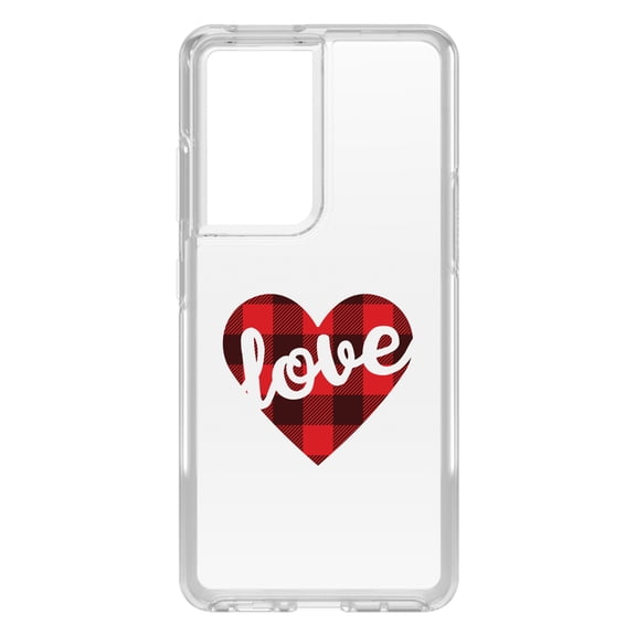 DistinctInk Clear Shockproof Hybrid Case for Galaxy S21 ULTRA 5G (6.8" Screen) - TPU Bumper Acrylic Back Tempered Glass Screen Protector - Buffalo Love Heart - Red Black Plaid