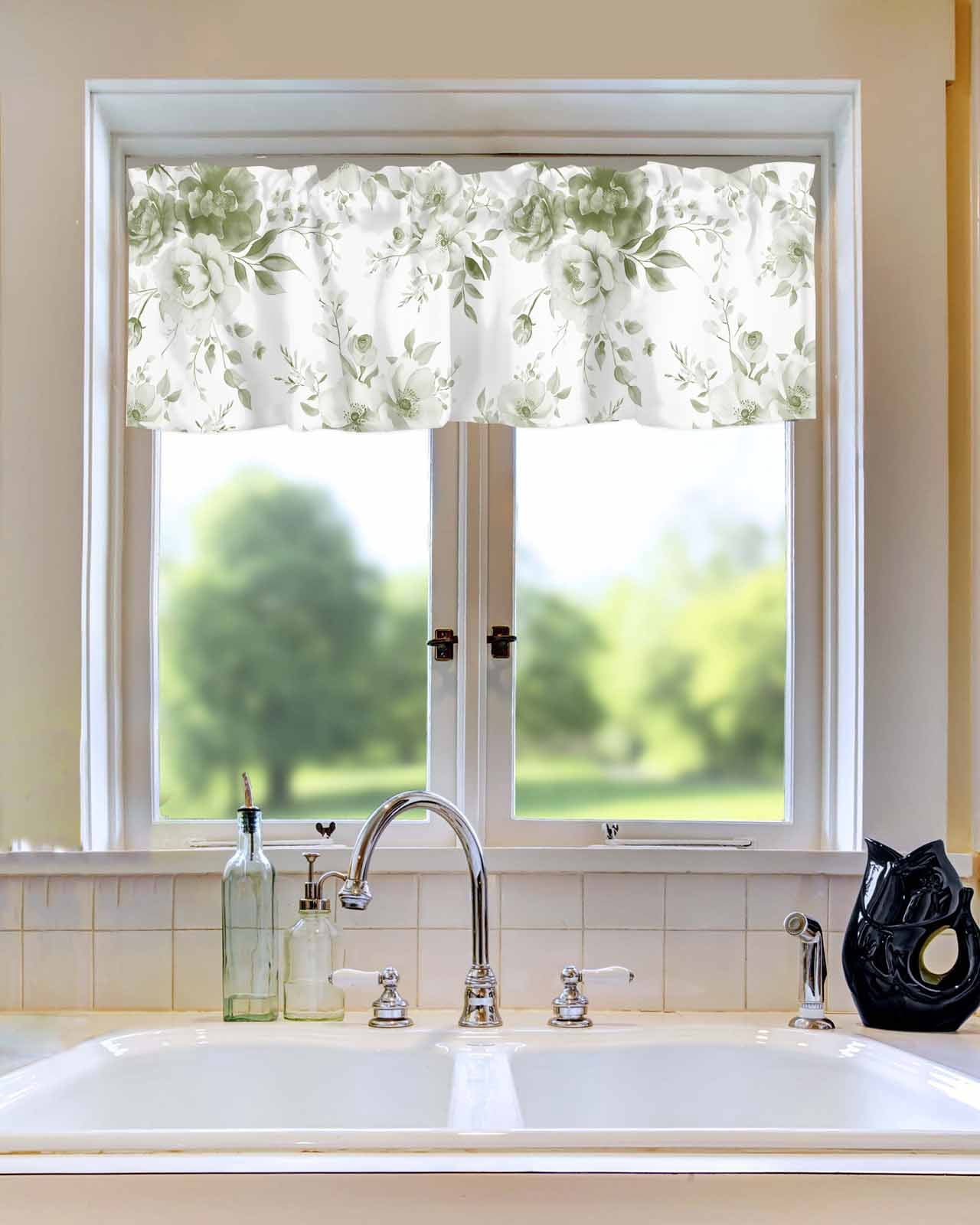 Vintage Sage Green Blossom Flower Curtain Valances for Kitchen Windows,Rod Pocket Short Valance Watercolor Floral Leaves Window Treatment for Living Room Bathroom Bedroom,54" x 18"-1 Panel