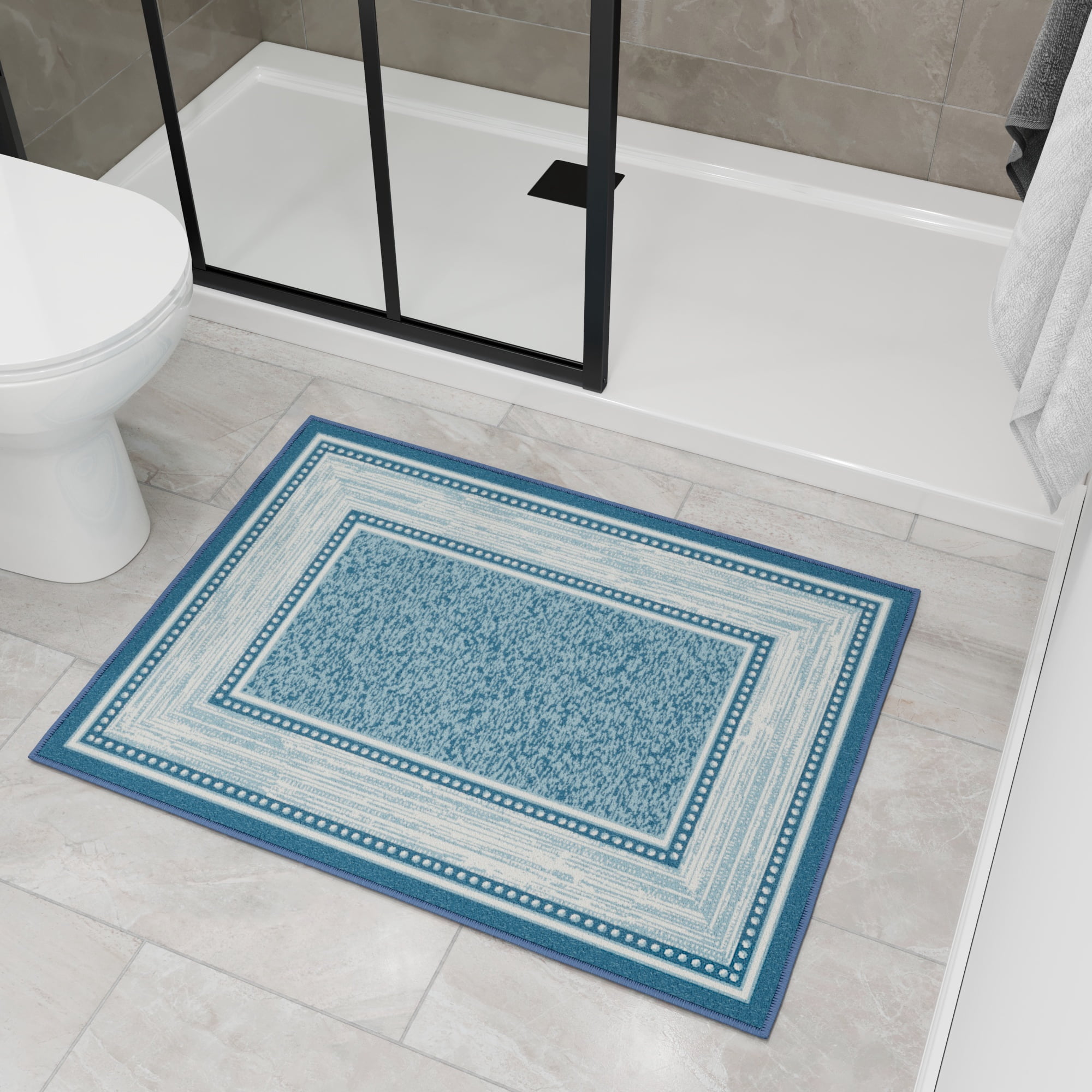 Ottomanson Border Indoor Doormat 2'3" x 3' - Non Slip Low Pile Area Rug for Entryway, Blue