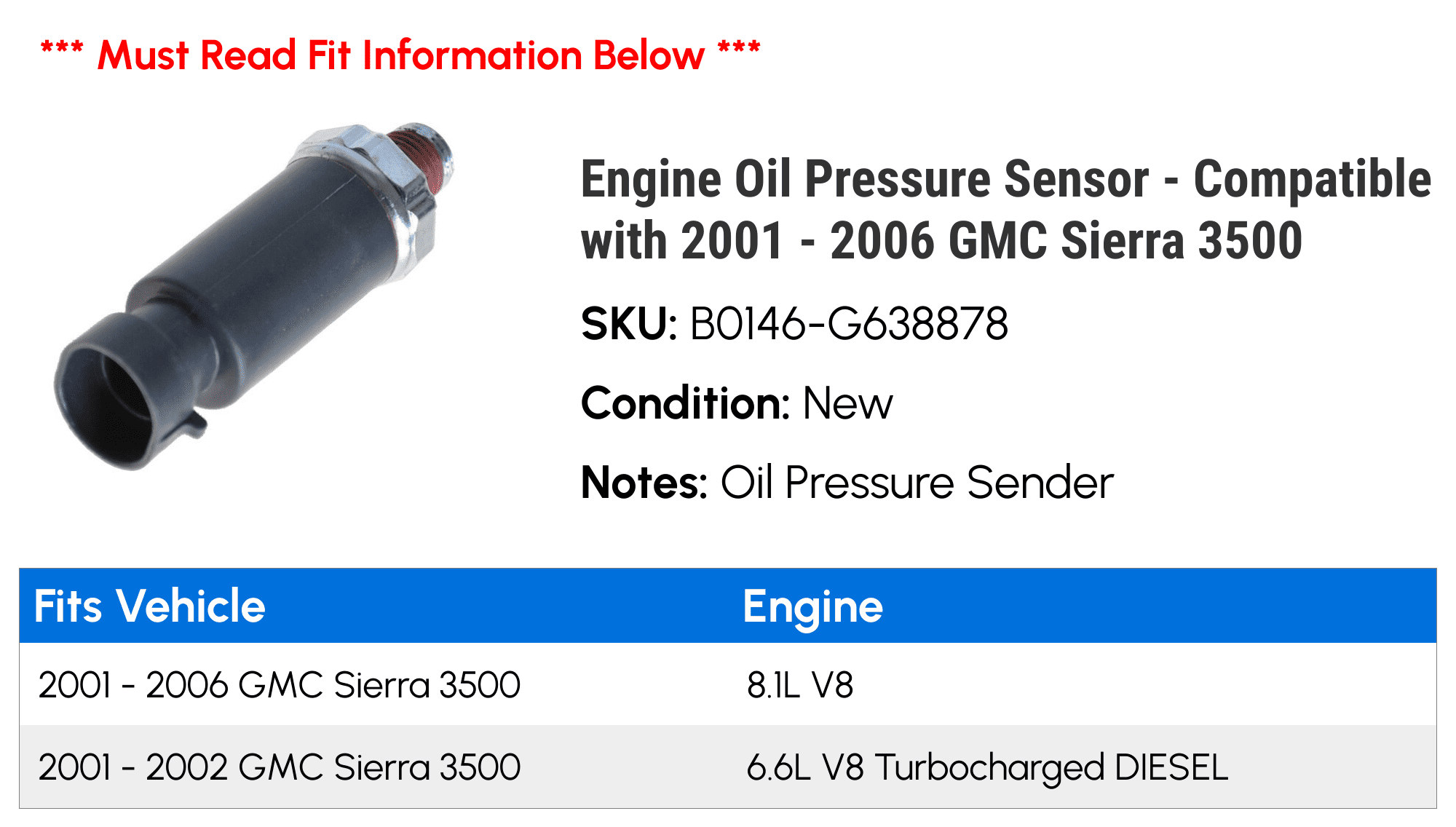 Engine Oil Pressure Sensor - Compatible with 2001 - 2006 GMC Sierra 3500 2002 2003 2004 2005