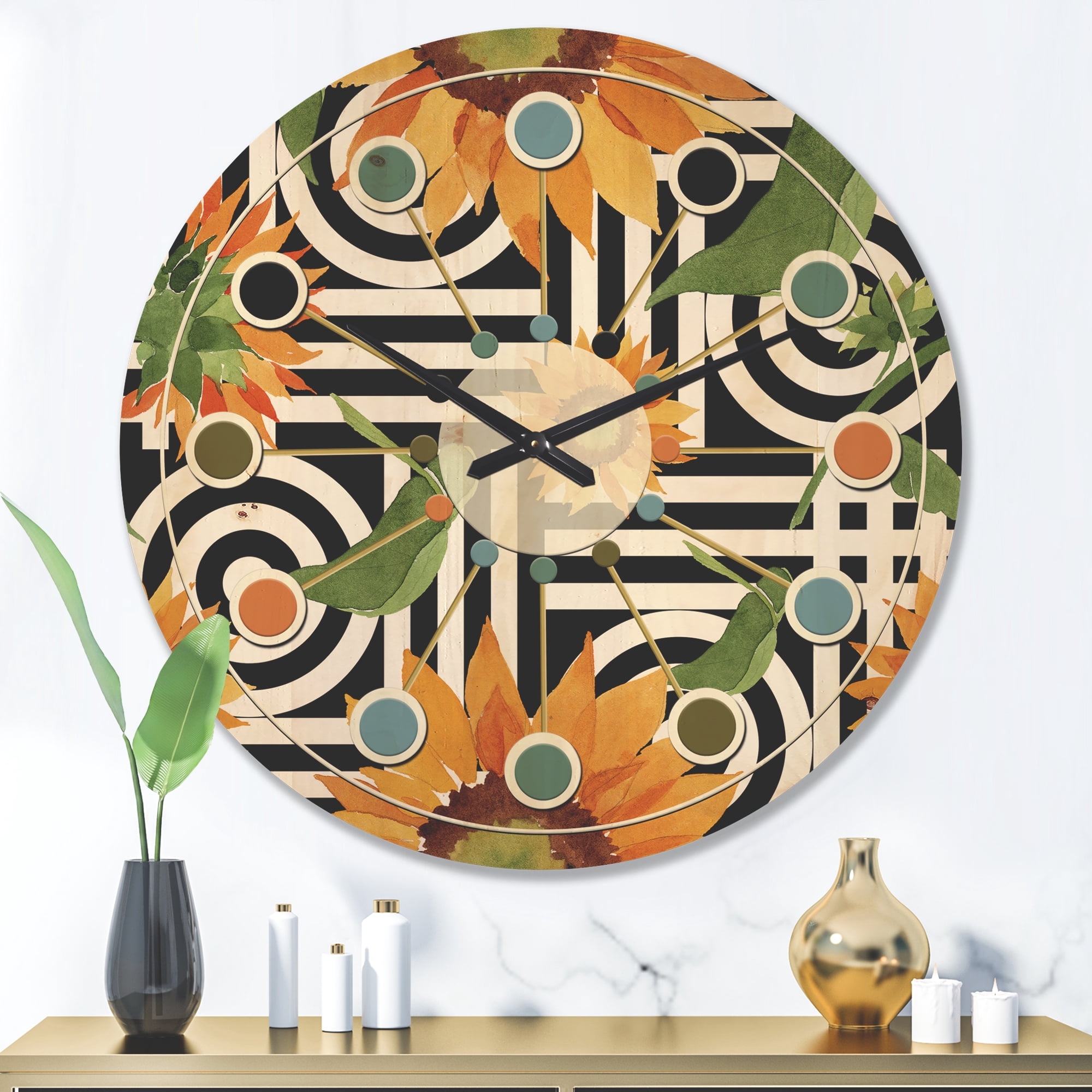 Designart 'Floral Botanical Retro XIV' Mid-Century Modern Wood Wall Clock