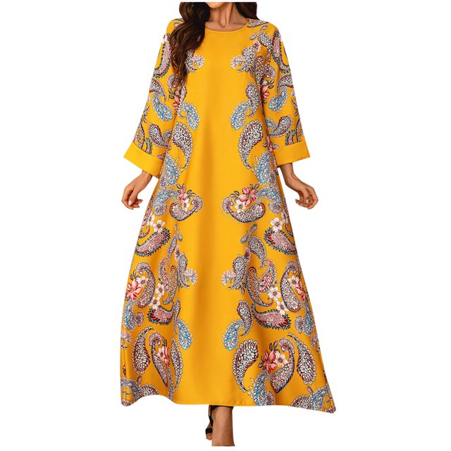 Long Sleeve Dress,Long Dress for Women Summer,Womens Fashion Casual Printed Long Sleeve Round-Neck Ankle Dress,Casual Summer Dress for Women,3/4 Sleeve Dress for Women