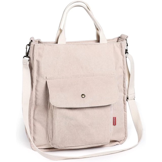 Bolso bandolera para mujer, bolso de pana, bolso de hombro informal, bolso de compras de gran capacidad con cremallera y bolsillo exterior (beige)