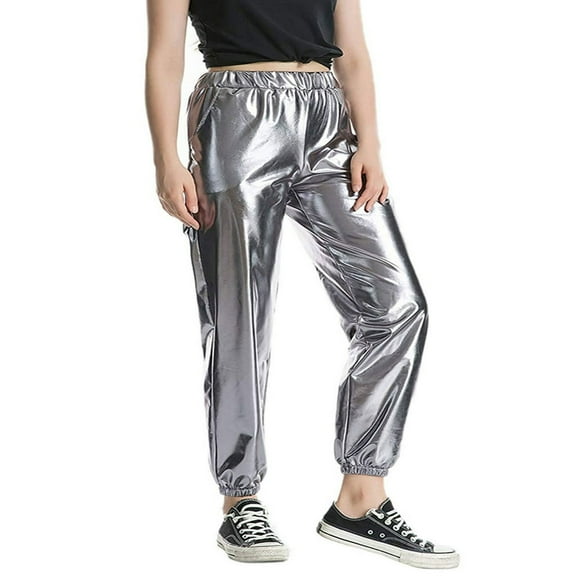 Owl‘s-Yard Women‘s Metallic Shinny Pants  Casual Holographic Jogger Sweatpants Punk Hip Hop Trousers