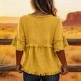 thumbnail image 5 of Nestiefly Womens Linen Tops Summer Casual Short Sleeve V Neck Shirts Fringe Retro Cotton Linen Blouses Raw Hem Beach Clothes Yellow 3XL, 5 of 6