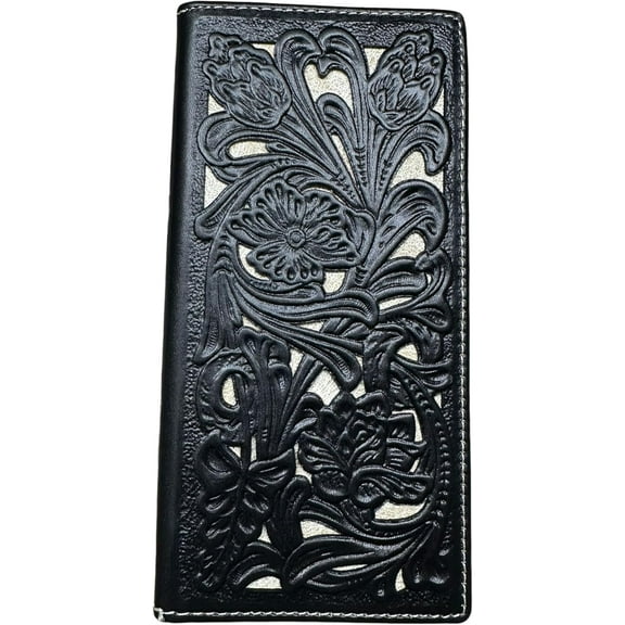 Western Stakes Leather Long Wallet Classic Floral Cutout Soft Leather Checkbook Style Cowboy Hand Crafted High End Mens Wallets Leather Rodeo Bi Fold Tooled Leather Gifts For Men (Black & White)