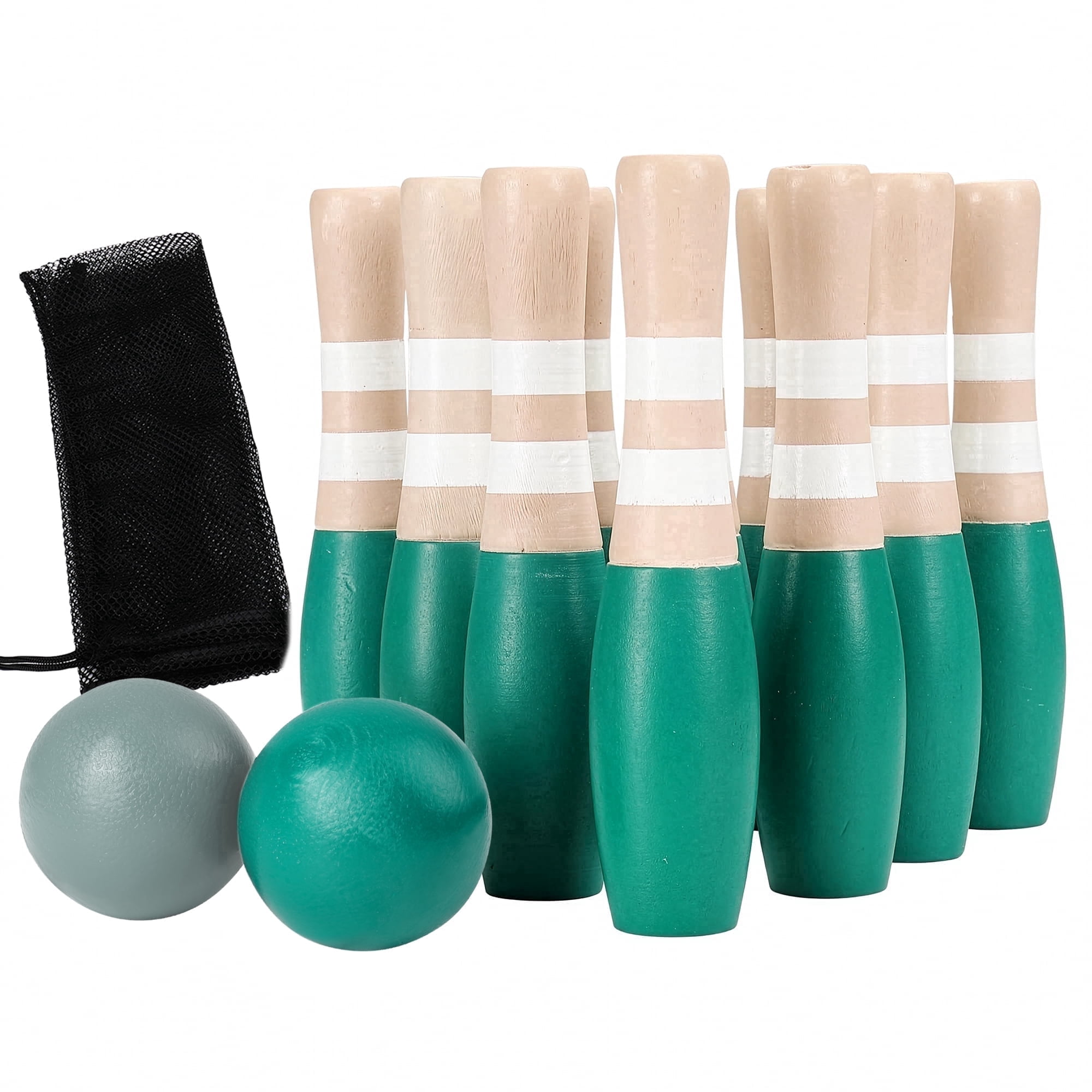 Sterling Sports Outdoor and Indoor Wooden Lawn Bowling 9" Skittles Set with Carrying Bag - 10 Wooden Pins and 2 Balls