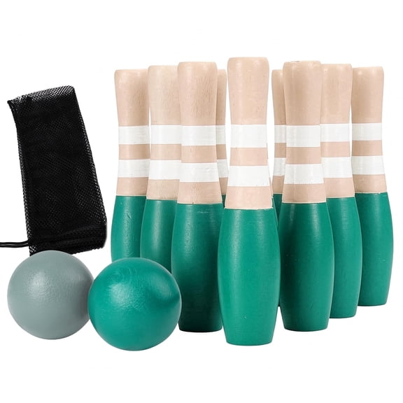Sterling Sports Outdoor and Indoor Wooden Lawn Bowling 9" Skittles Set with Carrying Bag - 10 Wooden Pins and 2 Balls