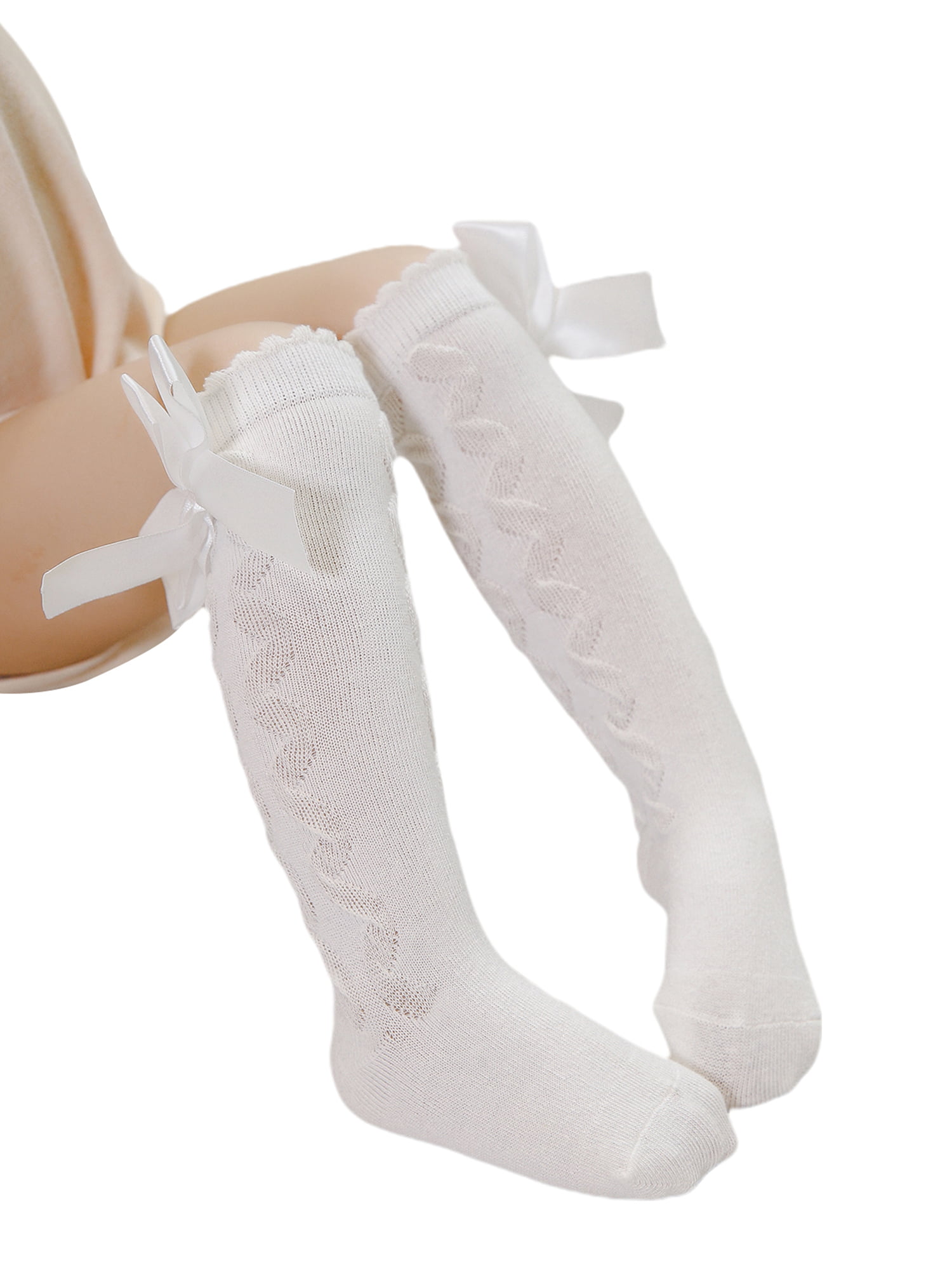 Toddler Baby Girls Knee High Long Socks Spanish Ribbon Bow Knit Cotton Stockings 