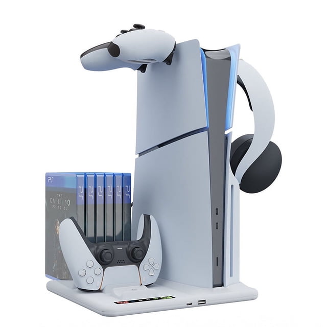 Base de enfriamiento multifunción para PS5 Slim con soporte para almacenamiento de discos Soporte para auriculares con cargador de dos asientos y asa para PS5