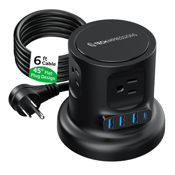 Retractable Power Strip Tower, 8-in-1 Surge Protector with 4 AC Outlets, 2 USB-C, 2 USB-A, 6ft Auto-Retracting Cord, Fast Charging Charging Station, Black