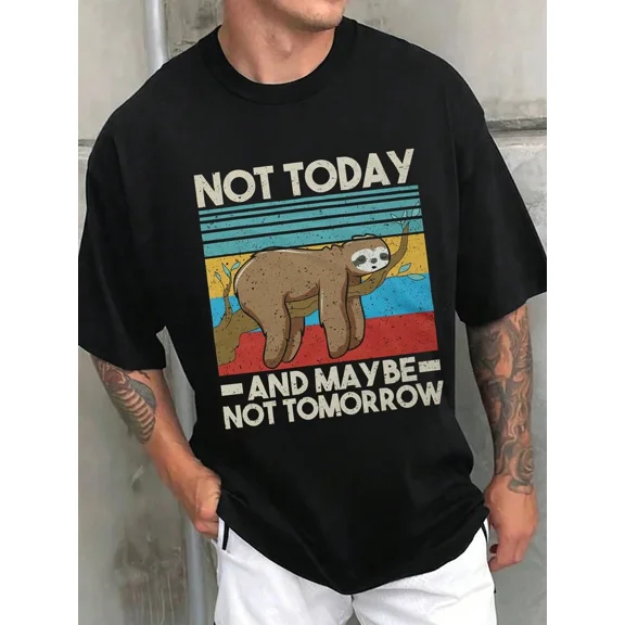 【New Arrival】Not Today Maybe Not Tomorrow Funny Lazy Sloth Retro Striped Graphic T-Shirt, Unisex Cotton Crew Neck Casual Humor Tee Lazy Lifestyle Gift