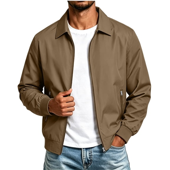 Fnooota Men's Bomber Jackets, Lapel Collar Lightweight Long Sleeve Zip up Outerwear for Spring Fall Khaki Size S-3XL