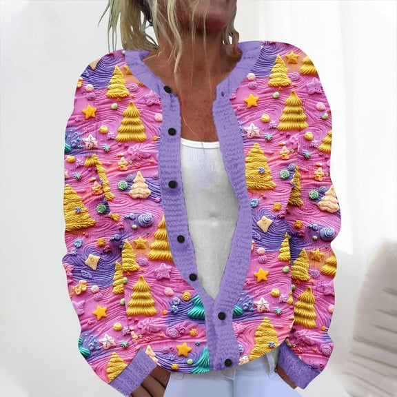 Women's Cable Knit Cardigan Ndbuld Women's Casual Christmas Printed Knitted Cardigan Button Up Jacket Coat Great Gifts for Less Multicolor M