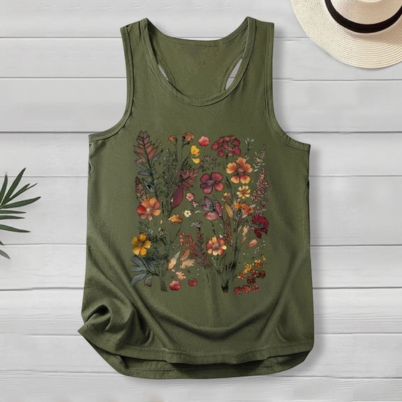 Workout Tanks for Women Women's Casual Graphic Print Ribbed Strap Loose Tank Cami Tops for Women Army Green L