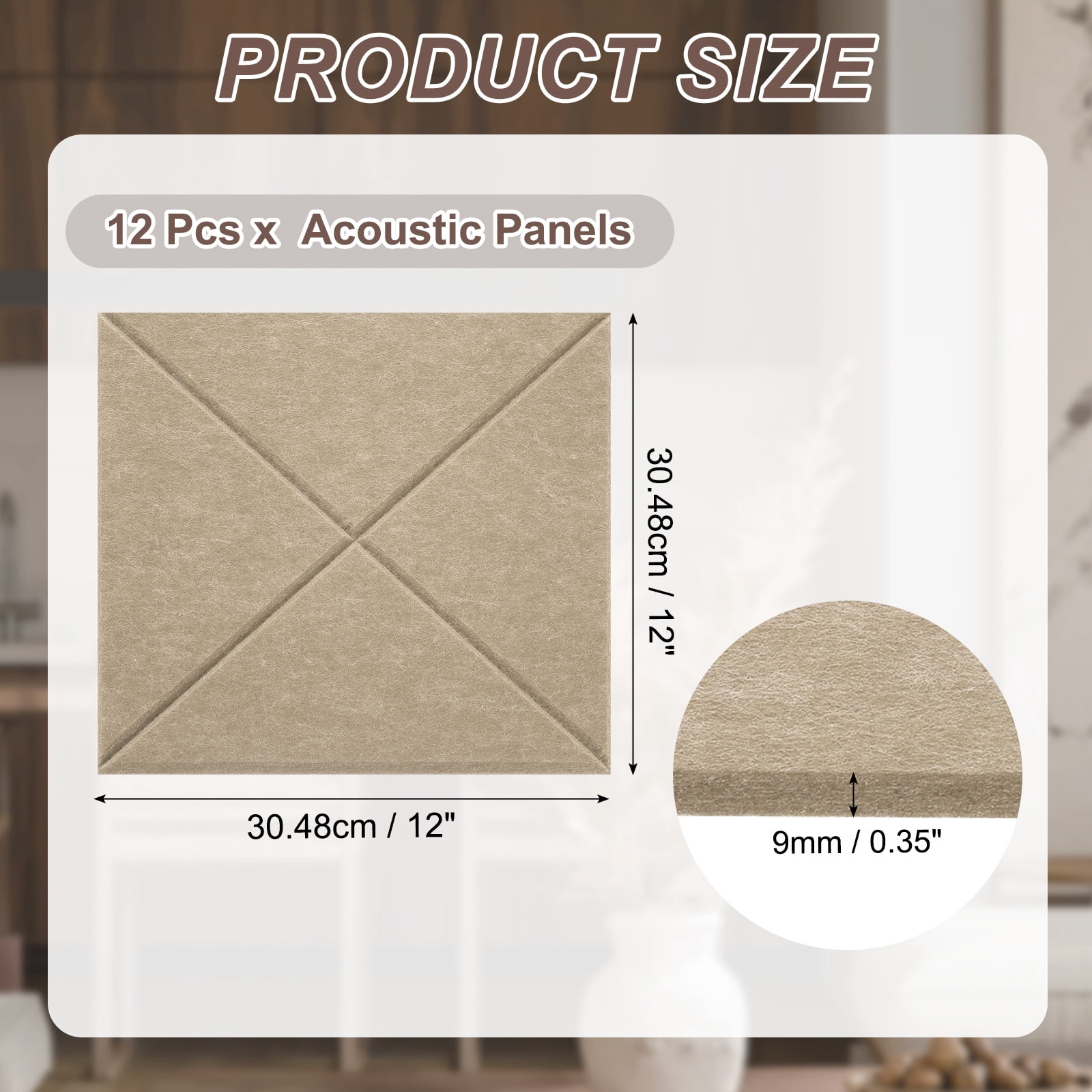 12pcs Adhesive Acoustic Panels Square High-Density Sound Proof Felt Self Stick Non-Slip Anti Vibration Pads Anti-Skid Noise 12 Inch Long x 0.39 Inch Thick, Dark Camel