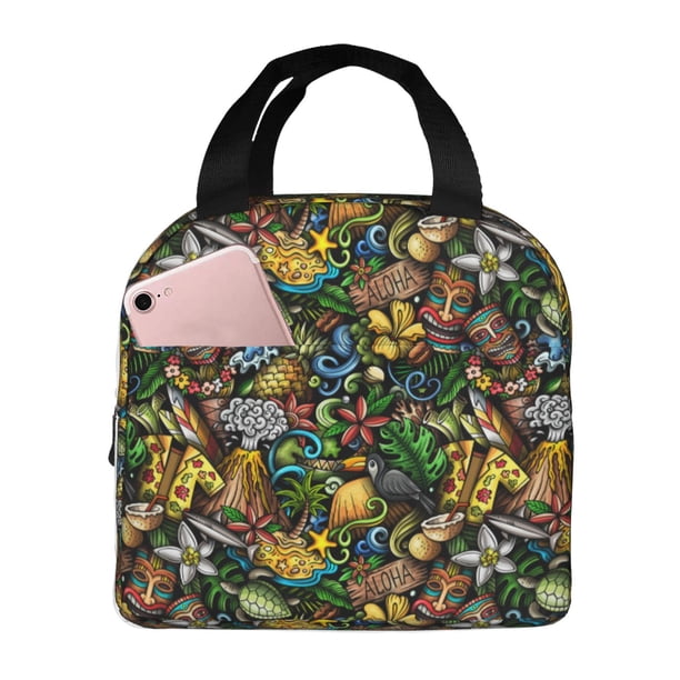 Easygdp Hawaiian Culture Symbols Bolsa Térmica Premium - Tela Oxford Impermeable, Gran Capacidad, Bolsillo Frontal, Unisex para Trabajo, Escuela, Actividades al Aire Libre y Picnics
