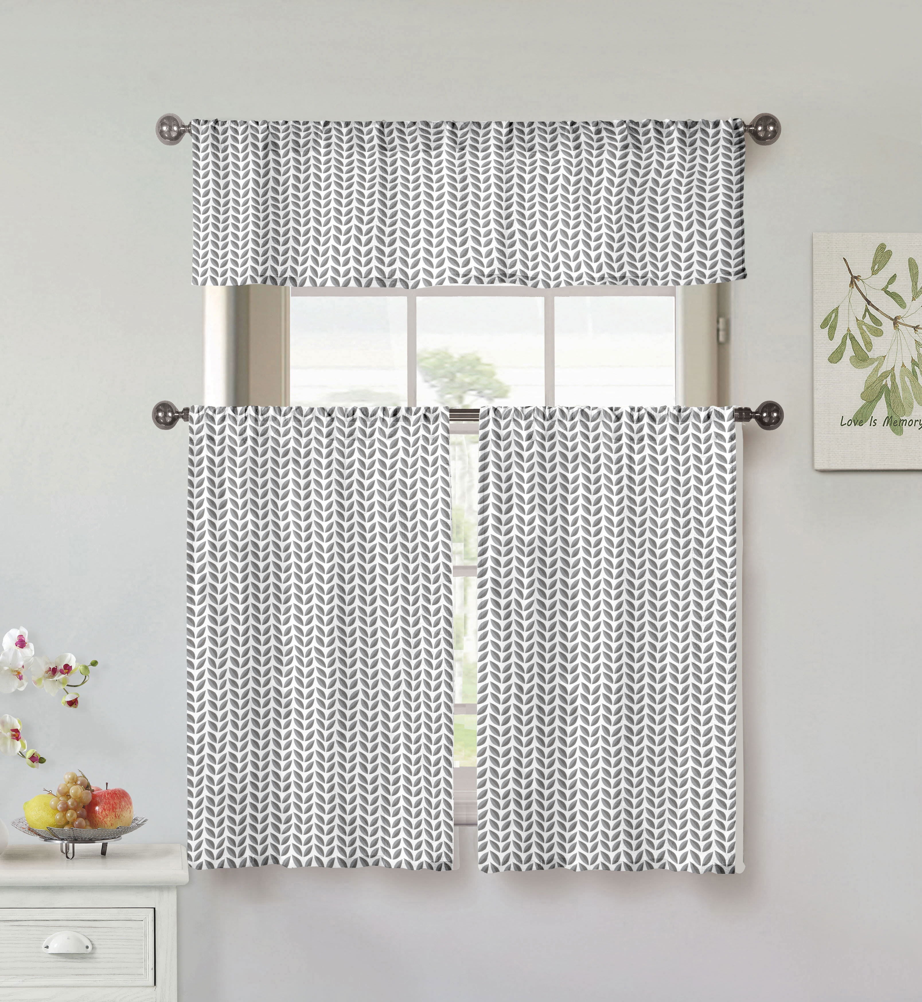 3Piece Filip Cotton Kitchen Curtain Set 56 in. W x 15 in. L in Grey