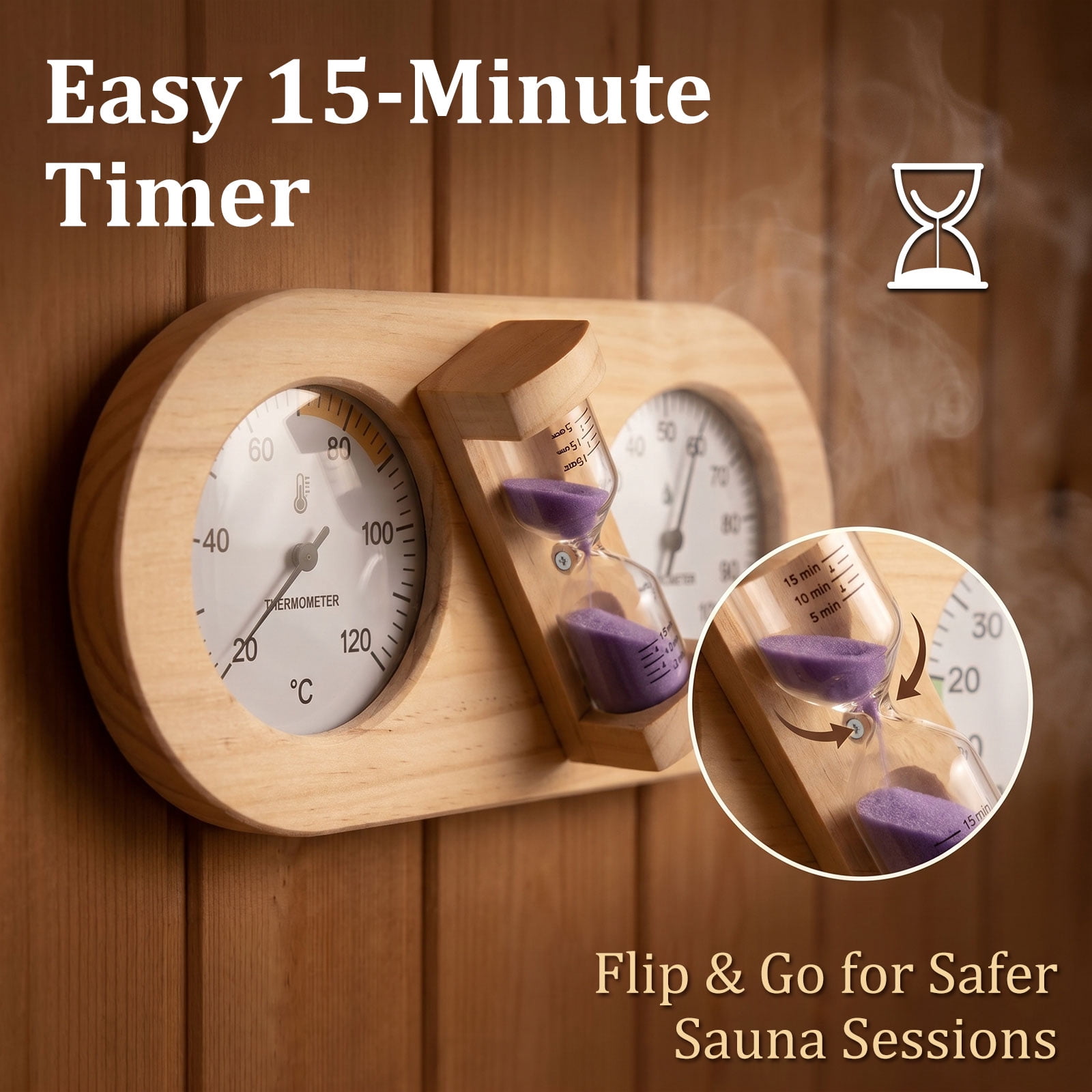 Xdziklosj Wooden Sauna Thermometer Hygrometer with 15 Minute Hourglass Timer Wall Mount Sauna Temperature Gauge for Home and Commercial Use