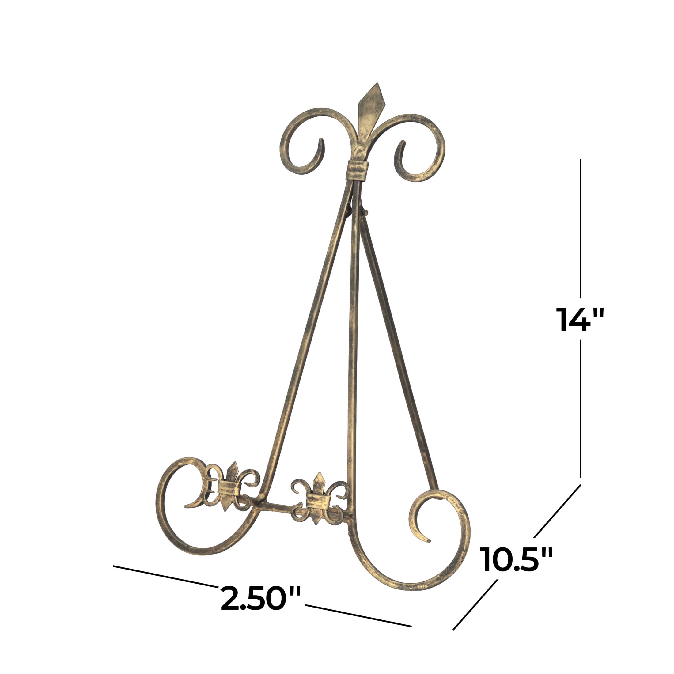 DecMode 11" x 14" Brass Metal Tabletop Arched Fleur De Lis Easel with Scroll Details, 1-Piece