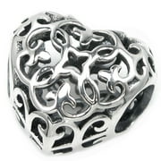 Queenberry 925 Sterling Silver Ethnic Flower Love Heart Filigree Charm Fits Pandora European Charm Bracelets