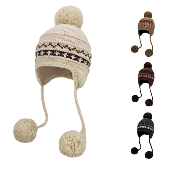 XIAOCHA Women’S Multi‑Pom Earflap Trapper,Geo‑Knit Hats,Fall‑Winter Outdoor Skullcap,White