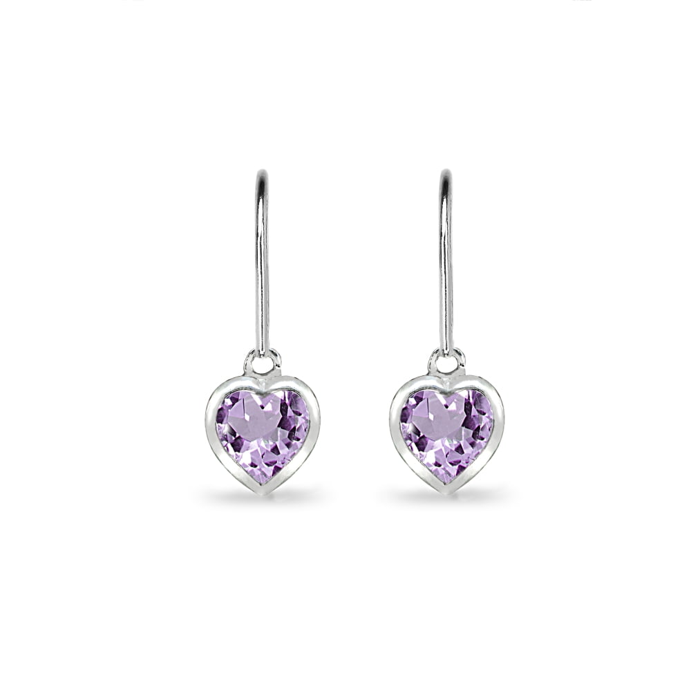Amethyst 6mm Heart Bezel-Set Dainty Dangle Leverback Earrings in Sterling Silver