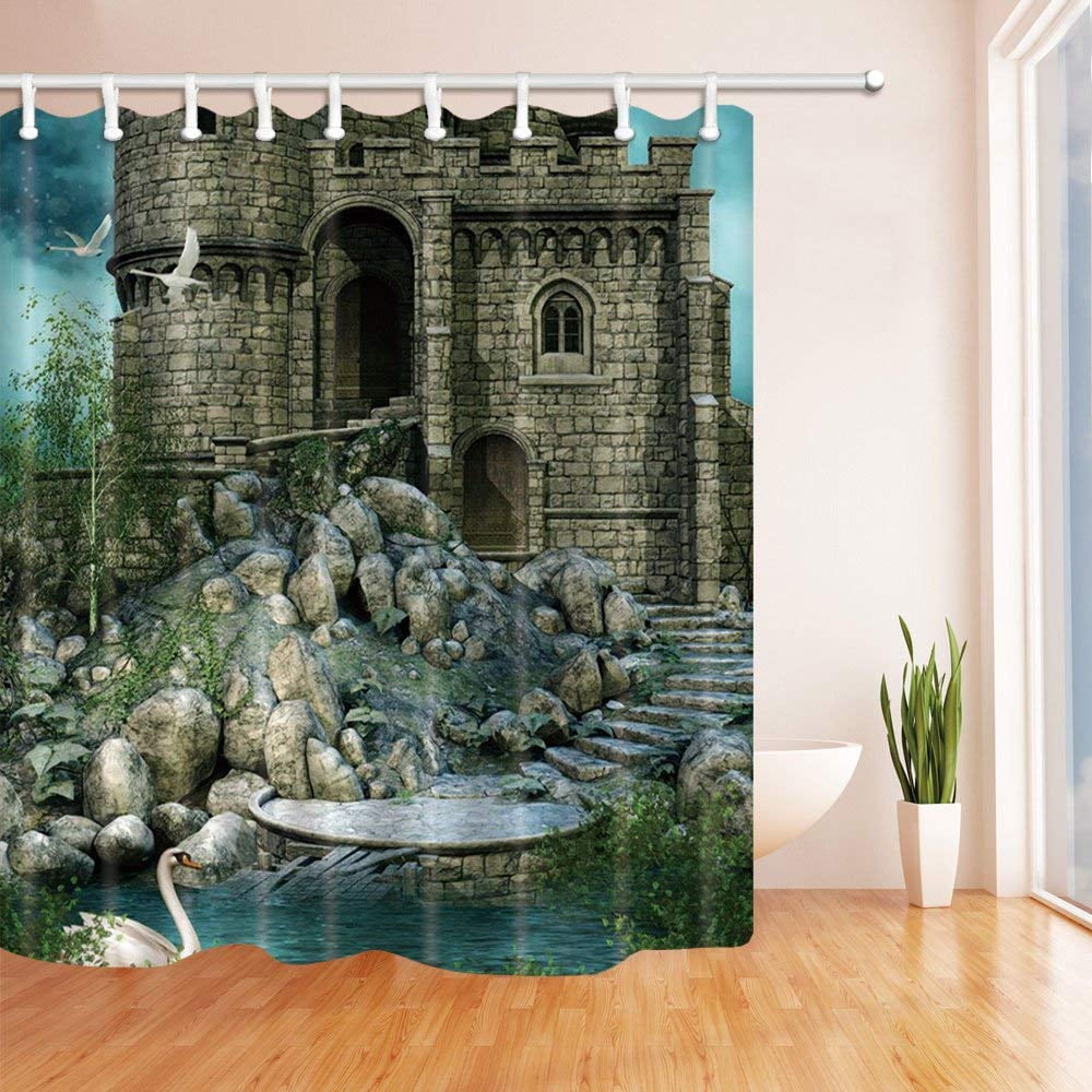 Artjia Brick Wall Decor Swan In The Lake In Castle Polyester Fabric Bathroom Shower Curtain 66x72 Inches Walmart Com Walmart Com