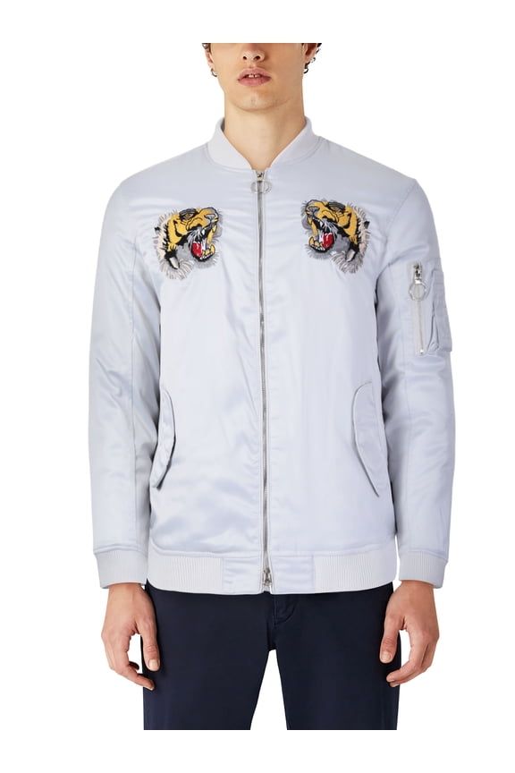 Mens Heavyweight Japanese Mythology Embroidered Patch Bomber Flight Military Zip-Up Jacket