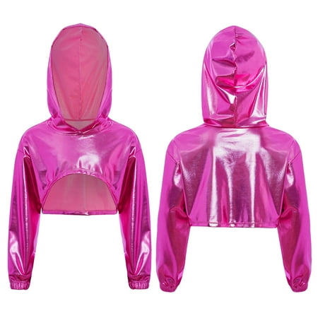 Aislor Girls Metallic High Low Cropped Sweatshirt Long Sleeve Shiny Hoodie Hip Hop Jazz Dance Top Hot Pink 12
