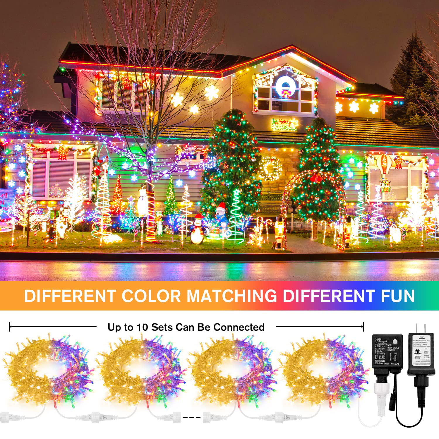 KAZOKU Christmas Light Outdoor 380 LED 33FT Waterproof Fairy String Lights  Green Wire Outdoor Christmas Lights Remote Control 11 Lighting Modes House