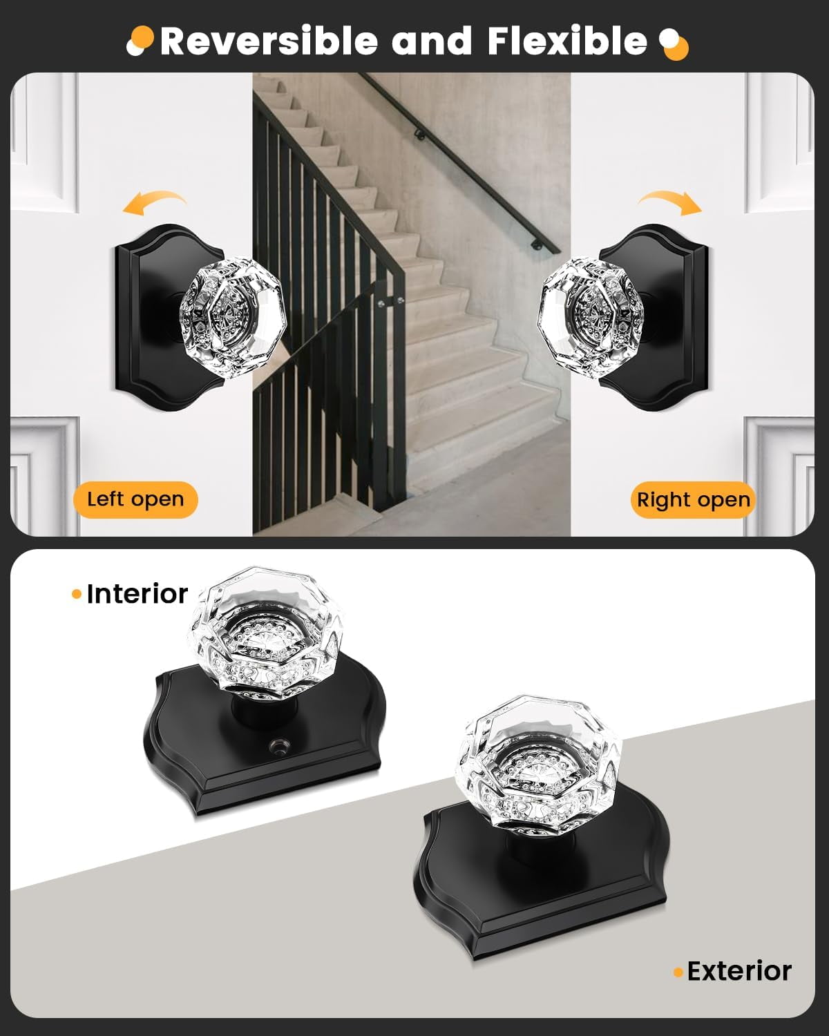 5 Pack Clear Crystal Door Knobs,Diamond Glass Passage Door Handles Locks for Closet Hallway,Keyless Interior Door Knob with Matte Black Rosette