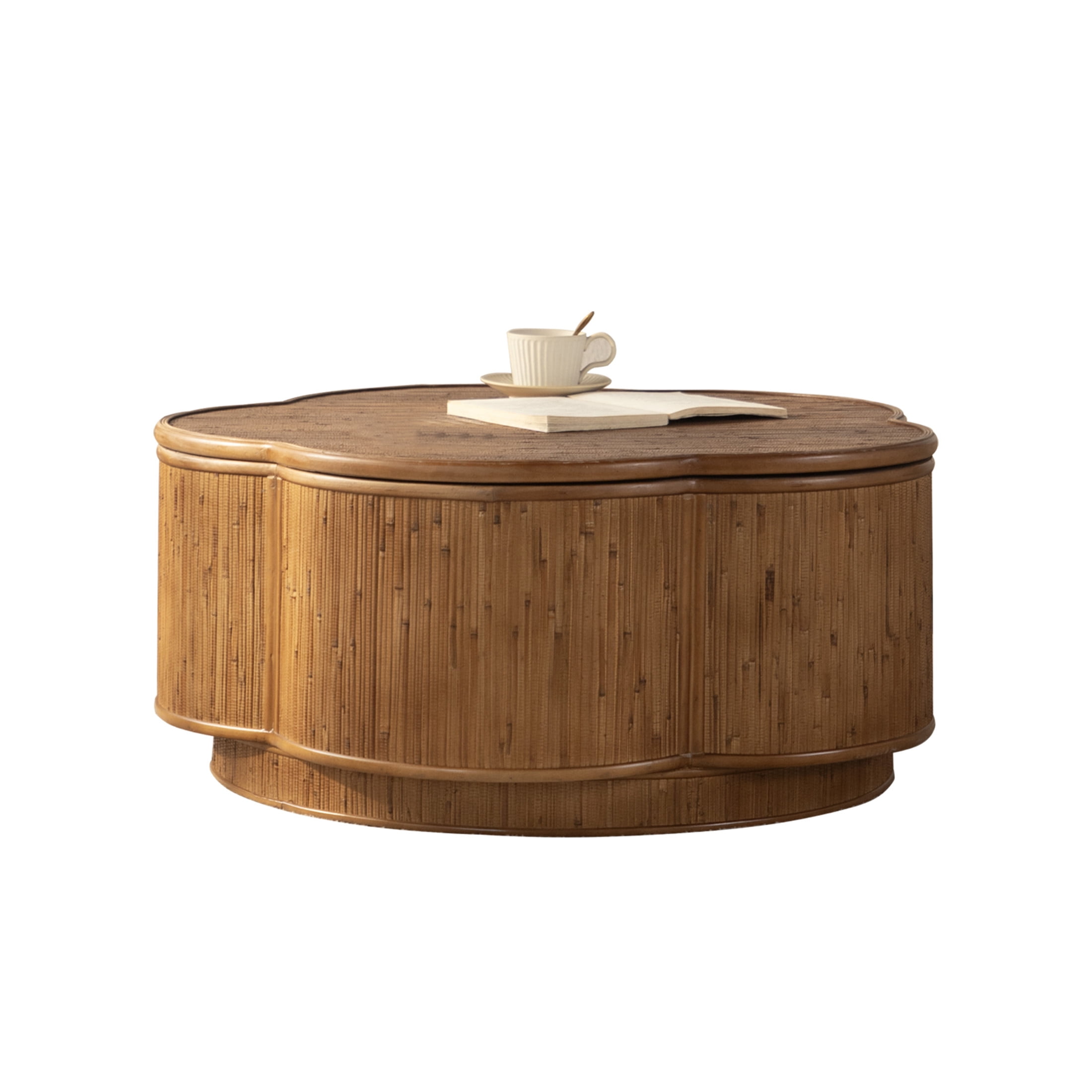 Noble House Flower Rattan Coffee Table with Lift-Off Lid Storage, Boho-Chic Petal Design, for Living Room, Natural Wood